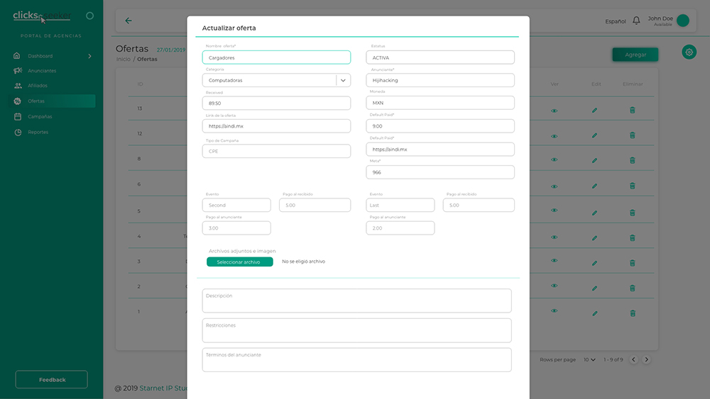 Modal editar oferta con eventos